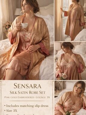 Sensara Pink Gold Silk Satin Robe Set with Embroidered Slip Dress